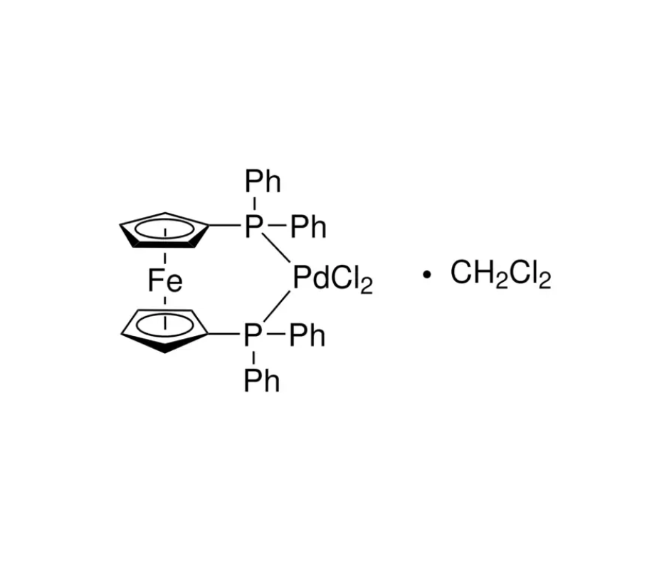 image de la molécule [1,1′-Bis(diphénylphosphino)ferrocène]dichloropalladium(II), complexe avec le dichlorométhane
